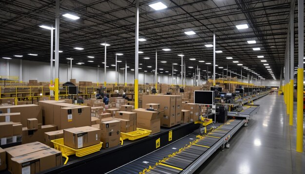 Efficient conveyor system moving multiple cardboard boxes in warehouse fulfillment center