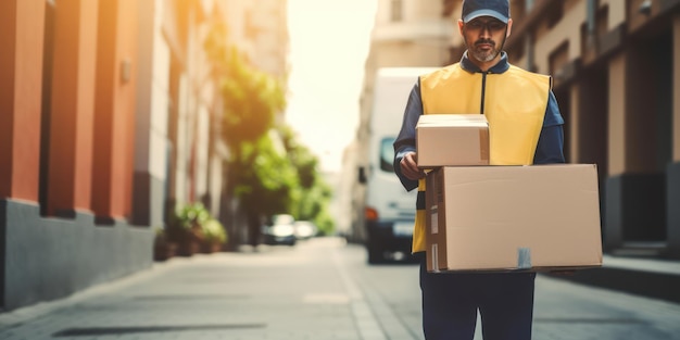 Photo efficient delivery service a young male courier professionally carrying packages outdoors packed in cardboard boxes with a red postal van in the background