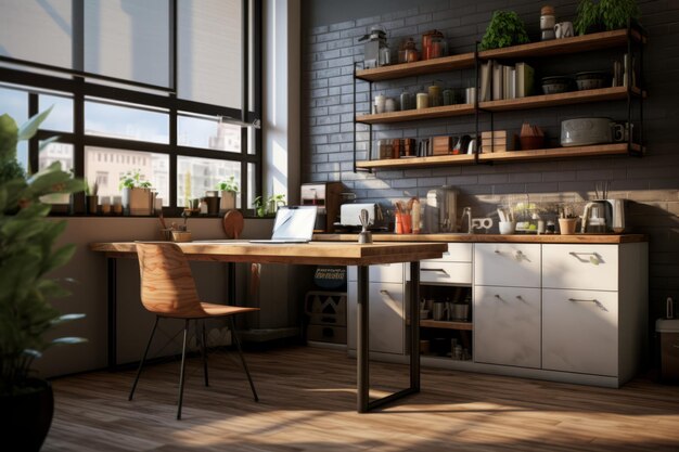 Efficient Design Maximizing Space with a Multifunctional Desk and Kitchen Interior