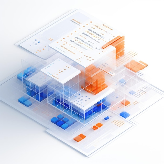 Efficiënt en elegant blauw en oranje projectplan Programmeercode voor digitale databases op een schone witte achtergrond