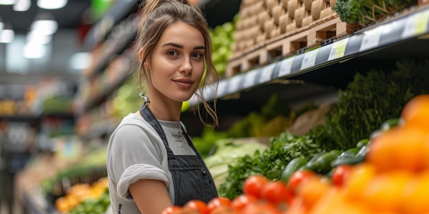 Efficient Female Employee In Apron Diligently Serving Customers At A Supermarket Copy Space
