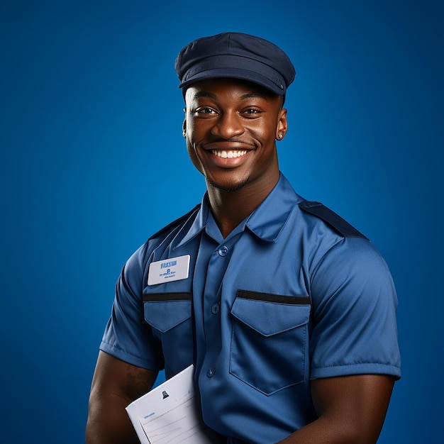 Efficient Mail Carrier on Solid Blue Background