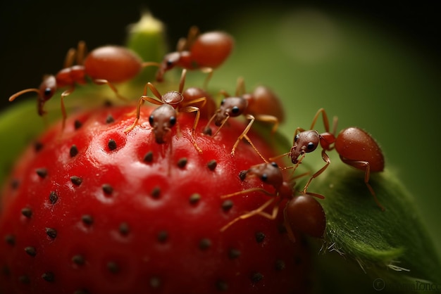 Efficiënt mierenteam dat wilde aardbeien verzamelt Teamwork voor de landbouw Ook gemaakt met generatieve AI