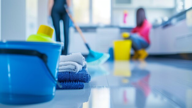 Foto efficiente pulizia moderna della cucina un arsenale di utensili della cameriera in sfocamento con bucket brush washc