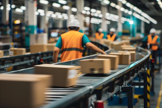 Efficient package sorting operation at a bustling delivery warehouse Concept RFID Technology Automated Conveyor Belts Realtime Tracking Inventory Management Streamlined Workflow