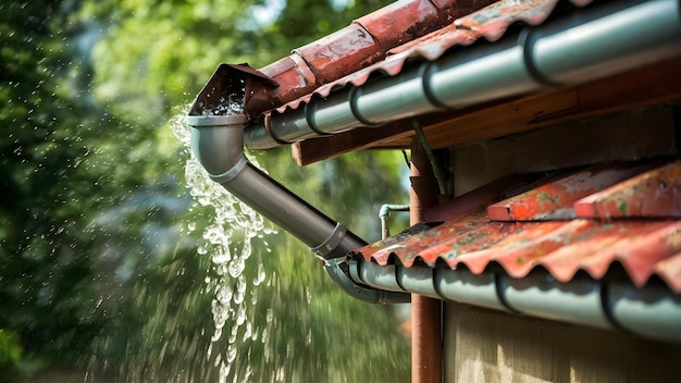 Photo efficient rain gutter channeling water away concept rain gutter maintenance downspout cleaning preventing water damage yard drainage solutions