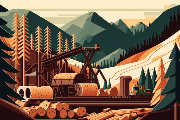 Efficient sawmill operation with logs being transported on conveyor belts and cut by sharp