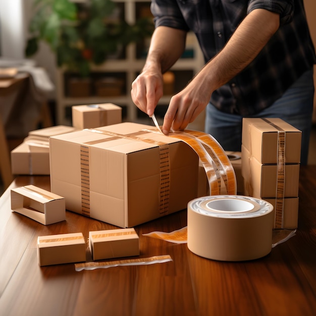 Photo efficient storage professional man packing boxes and cassette tape on table