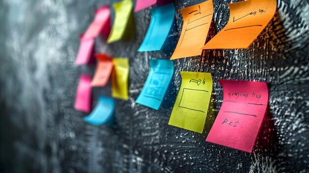 Photo efficient time management employee prioritizing tasks with sticky notes on wall showcasing product