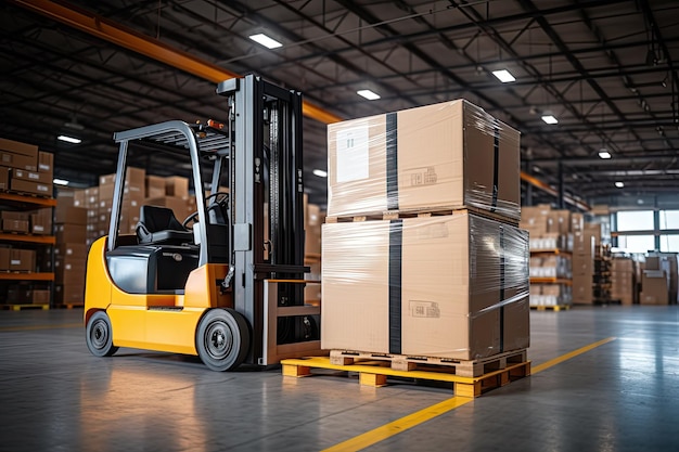 Photo efficient warehouse operations forklift moving boxes inside the warehouse