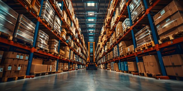 Photo efficient warehouse operations with merchandise pallets shelves and forklifts amidst logistics transportation concept warehouse efficiency merchandise handling pallet storage