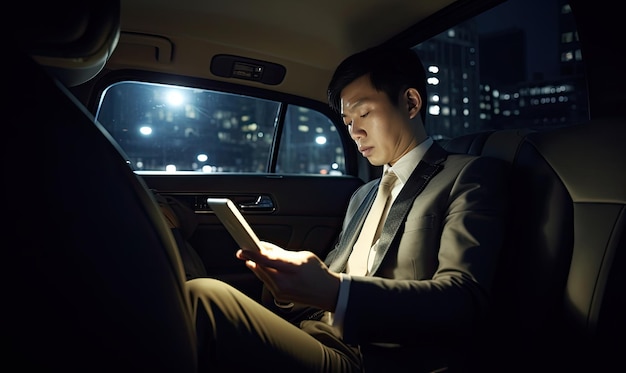 効率的な作業ルーチンのアジア系ビジネスマンがタブレットを使って車の中でメールを確認する生成 AI ツールを使用して作成する