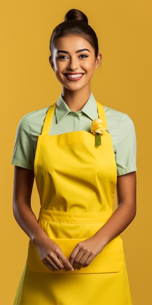Efficiënte hotel huishoudster op een vaste gele achtergrond