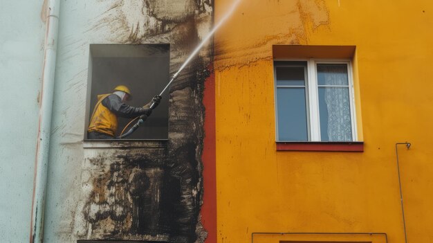 Efficiënte vrouwelijke schoonmaakmedewerker uitgerust met schoonmaakmiddelen die in een netjes badkamer werkt