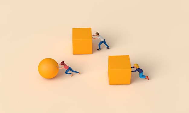 Efficiënte zakenman duwt een bal in plaats van een kubus d rendering