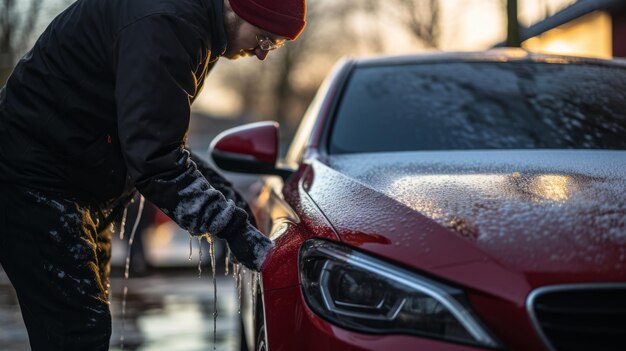 Efficiently Clearing Snow Male Driver's Expert Brushing Technique for Bonnet Snow Removal AR 169