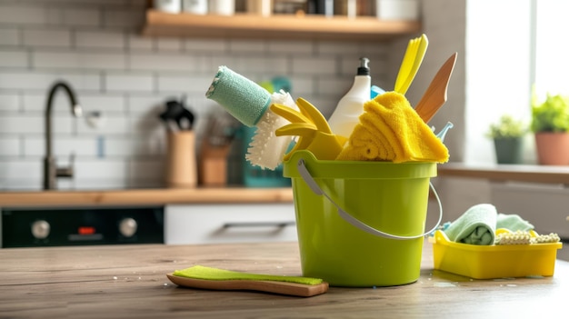 Photo efficiently tackling kitchen cleaning chores a vibrant green bucket of essential tools for a spotle