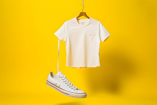 Effortless elegance as a cotton Tshirt catches air jeans and sneakers defy gravity