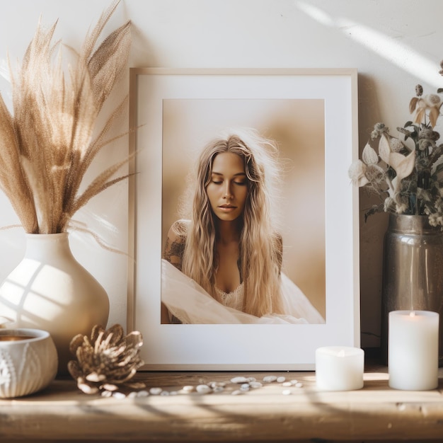 Effortless Elegance Captivating Hyper Realism in a Boho Flatlay with a Plain White Frame