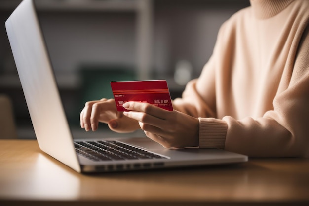 노력 없이 온라인 쇼핑 하는 여자 들 의 손 은 노트북 과 신용 카드 를 이용 하여 거래 를 한다