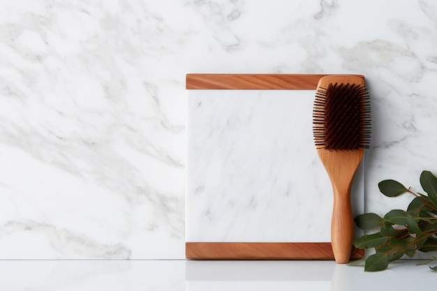 Effortlessly Elegant Stylish Flat Lay with Wooden Hair Brush and Comb on White Marble Table