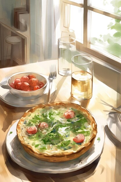 Фото Яйцо и шпинат киш с вишневыми помидорами на тарелке на кухне здоровое завтрачное меню
