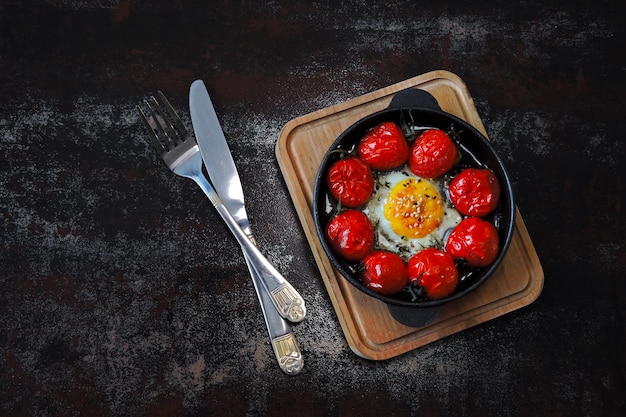 Egg baked with cherry tomatoes and thyme in a cast-iron skillet.