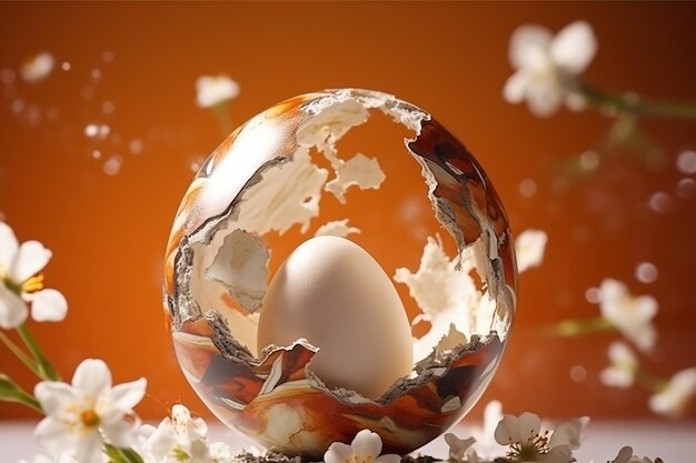 A egg in a ball with a tree in the background