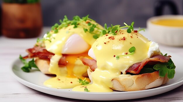 Egg benedict sandwiches with bacon and lettuce and hollandaise sauce