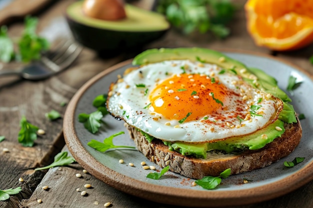 Photo egg breakfast with toast and avocado served on a plate on a wooden table