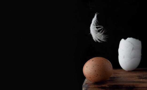 Egg and broken eggshell on wooden background