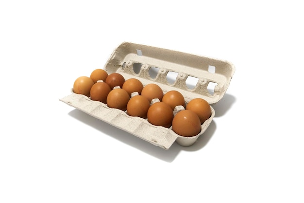 An egg carton container with a dozen brown eggsIsolated on a white backgroundEco products concept