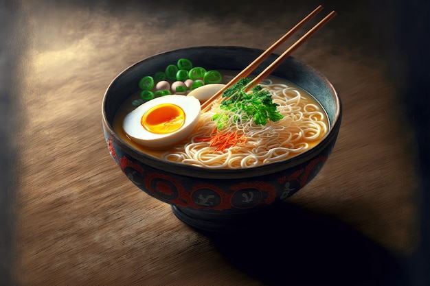 Egg and delicious noodles in traditional japanese tonkotsu ramen bowl