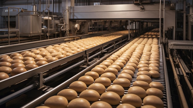 An egg factory with a conveyor belt full of eggs.