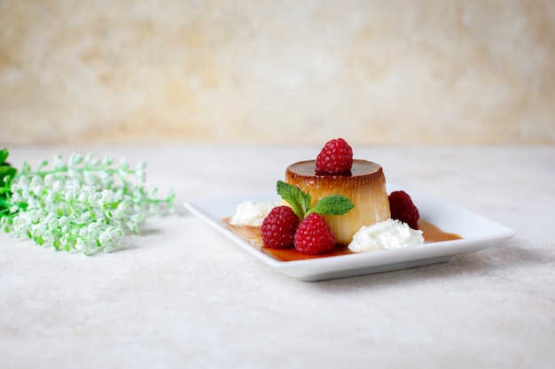 Egg flan with raspberries