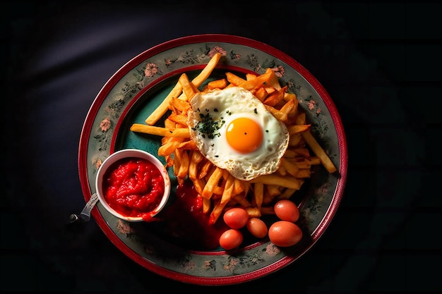 an egg and french fries are served on a plate