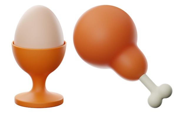 Uovo e pollo fritto cibo e bevande icona rendering 3d su sfondo isolato