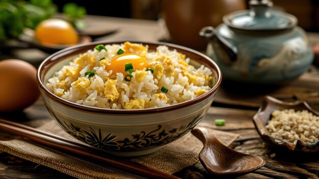 Egg Fried Rice against a traditional Chinese house