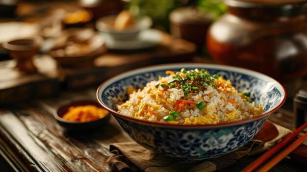 Egg Fried Rice against a traditional Chinese house