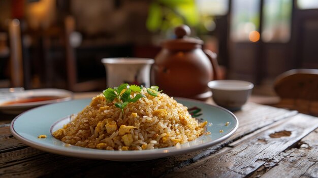 Egg Fried Rice against a traditional Chinese house