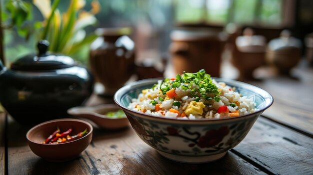 Photo egg fried rice against a traditional chinese house