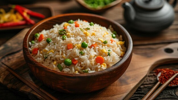 Photo egg fried rice against a traditional chinese house