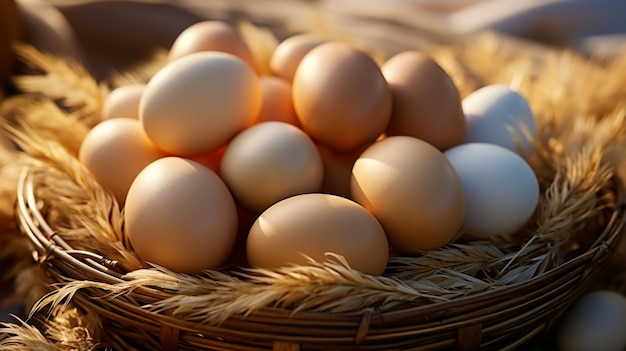 Egg hen vogel bruin op rieten mand voor biologische boerderij