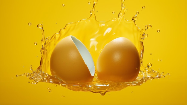 An egg is broken in half on a yellow surface