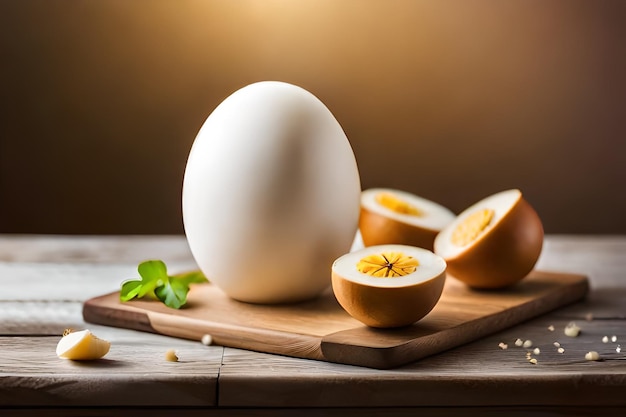 계란은 레몬 조각과 함께 도마 위에 있습니다.