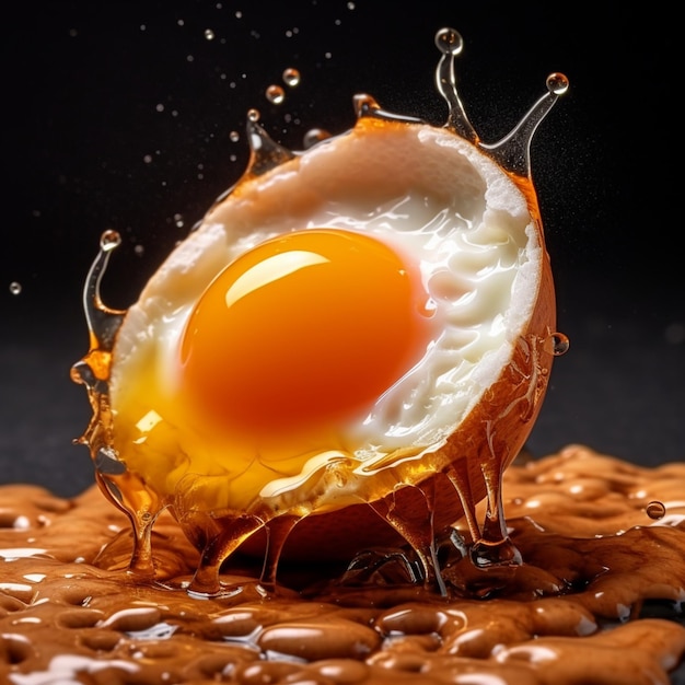 An egg is falling into a puddle of brown liquid.