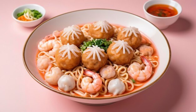 egg noodles with fish balls and shrimp balls in pink sauce Yen Ta Four or Yen Ta Fo Asian food style