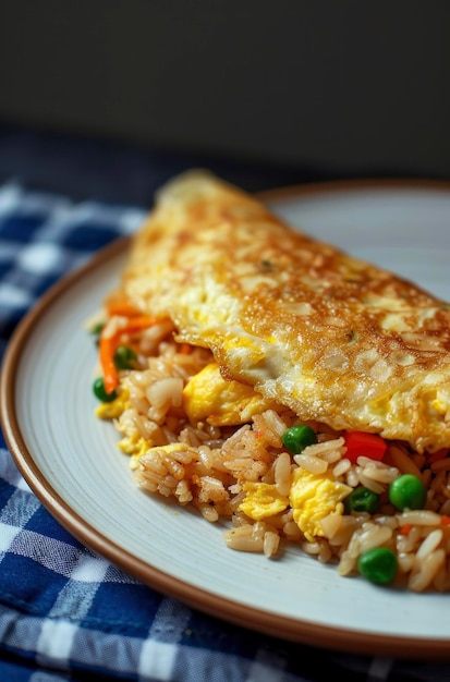 Foto egg omelette and fried rice on a white plate