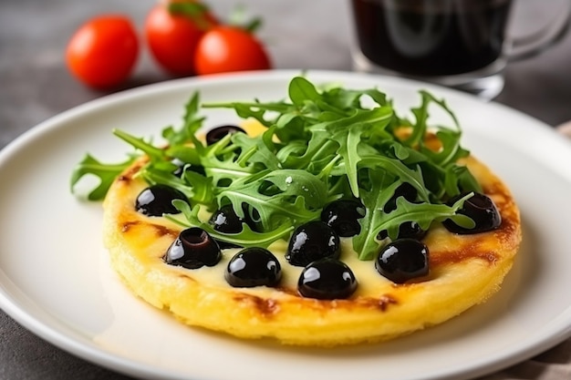 Egg omelette with cheese and black olives in a white plate on the table sprinkled with arugula