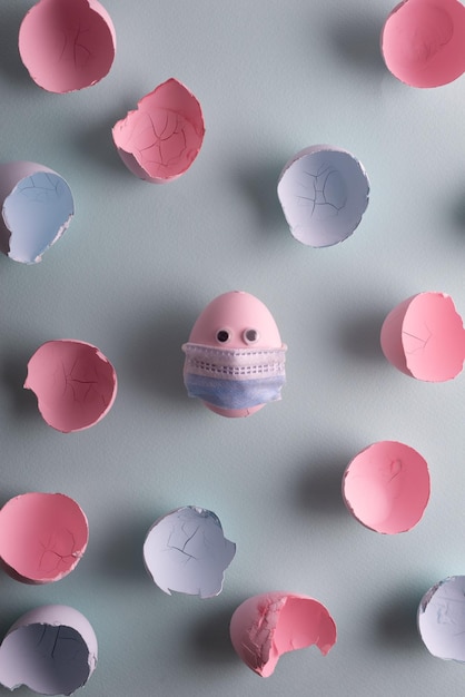 Egg in a protective medical mask Coronavirus Easter in pastel colors Pink blue holiday quarantine concept